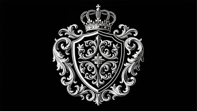 Elegant royal crest with crown and ornate floral shield design on black background