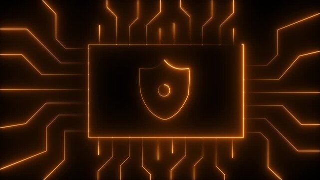 Cybersecurity, digital lock and motherboard for safety coding, programming or hardware processing. CPU, information technology and data cloud. animation of Digital circuit AI interface on backdrop