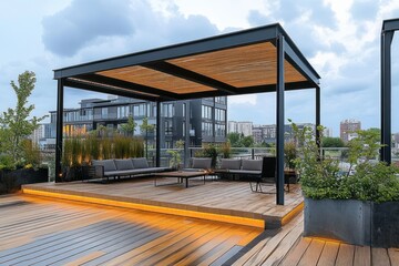 Fototapeta premium modern rooftop pergola lounge with cushioned sofas on a wooden deck, potted plants and warm under-deck lighting overlooking an urban skyline under a cloudy sky — calm and inviting