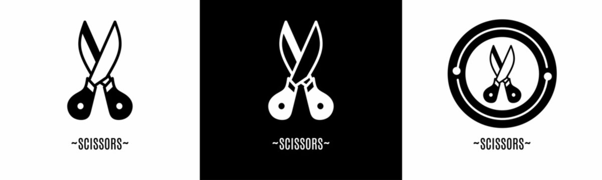 Scissors logo set. Collection of black and white logos. Stock vector.