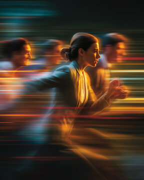 Race to the Finish: A determined team of professionals sprint towards the future, symbolizing progress, determination, and success, blurred motion indicating speed and momentum.