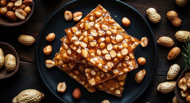Three glossy peanut brittle squares stacked on a black plate surrounded by shelled and unshelled peanuts, wooden bowls and a small herb sprig on a dark wooden table, tempting and crunchy