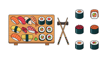 Assorted sushi rolls and nigiri presented on a wooden serving tray © Baby Collection
