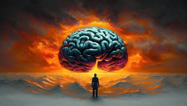 silhouetted person standing before a giant floating brain above fiery ocean waves at sunset, evoking awe and introspection