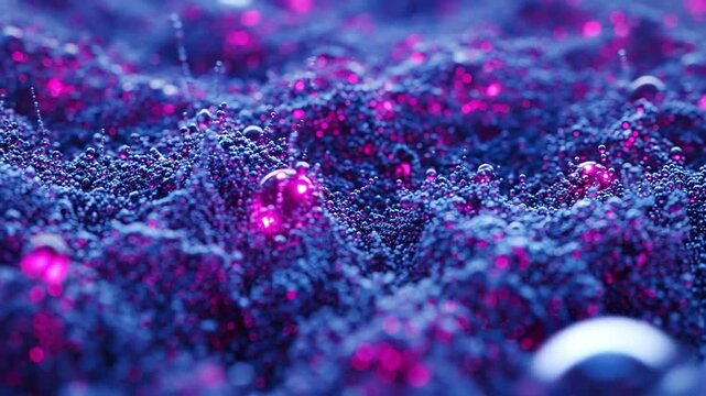 Abstract Microscopic View of Bioluminescent Neural Network Cells in Purple and Blue