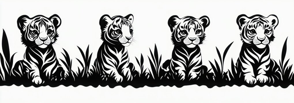 Four tiger cubs sit in tall grass in a bold black and white silhouette, calm and curious.