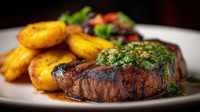 Chargrilled Churrasco Steak Served With Plantains and Black Bean Salad in Roatan