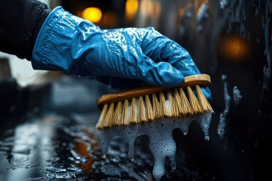 close-up of a gloved hand in a blue rubber glove scrubbing a wet black surface with a wooden bristle brush, foamy soap dripping, conveying focused care and diligent cleaning