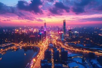 Fototapeta premium Aerial city skyline at dusk with glowing neon streets, riverfront reflections, snow-dusted rooftops, towering skyscrapers under a dramatic purple-pink sunset, vibrant and dreamy