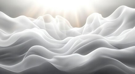 Obraz premium Ethereal translucent white fabric waves and layered sheer folds bathed in soft radiant sunlight, calm and dreamlike