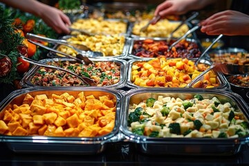 Obraz premium Inviting buffet of stainless steel trays filled with roasted sweet potatoes, seasoned diced potatoes, mixed broccoli and cauliflower, grain salad and scrambled eggs as hands serve with tongs