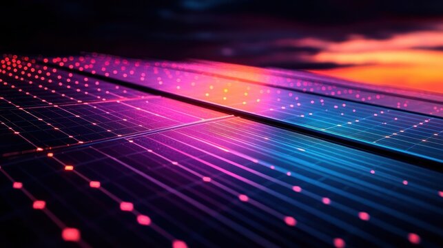 close-up of solar panel array with glowing neon grid, scattered light dots and colorful reflections at dusk conveying a futuristic energetic mood