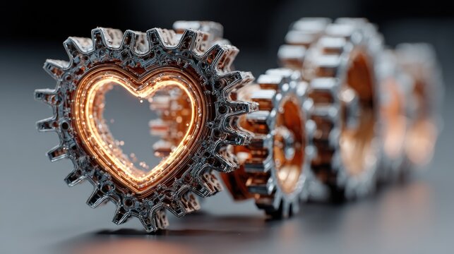 Metallic cog wheels align with a heart shape glowing at the center