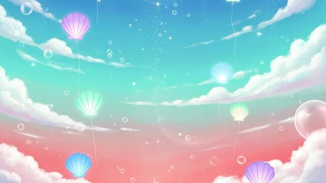 Pastel Mermaidcore Aesthetic Sky with Glowing Seashell Balloons and Bubbles Background