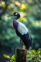 Obraz premium Majestic crane perched on a weathered wooden post, poised and serene with white wings, iridescent dark plumage and a purple neck against a soft green bokeh background