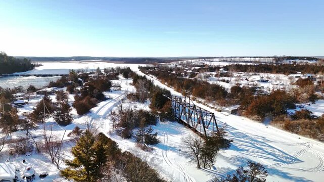 The Historic Canadian National Railway Swing Bridge Over Trent Severn Waterway in Frankford Ontario Canada, Drone Shot