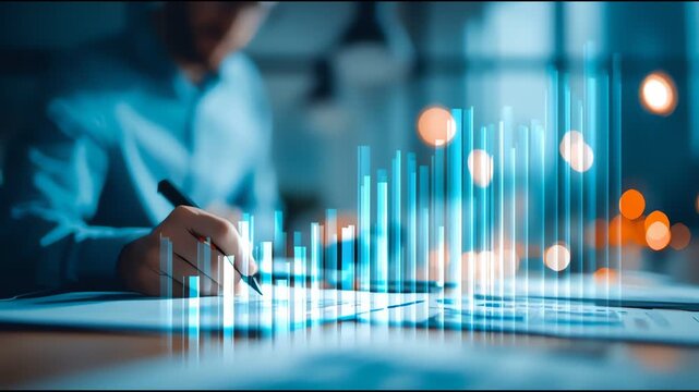 Businessman analyzing financial data and digital charts for investment and growth strategy