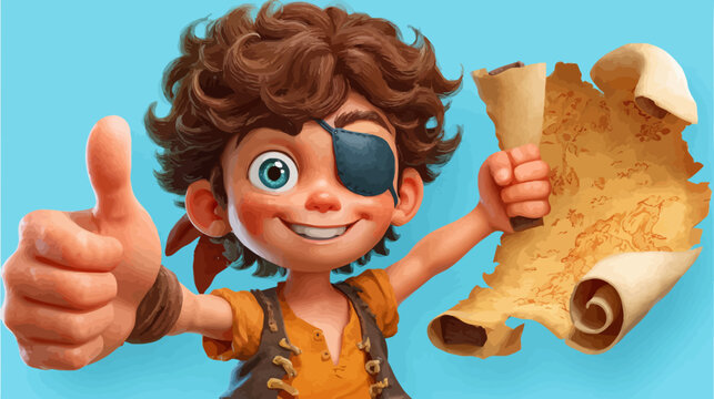 A smiling pirate boy with an eye patch and a thumbs up, holding a treasure map scroll against a blue backdrop