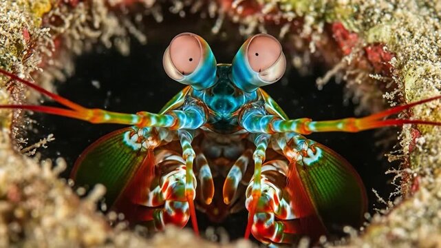 Peacock Mantis Shrimp Peering From Burrow, Macro Underwater Photography of Exotic Marine Life