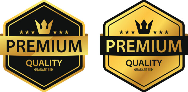 Premium quality golden hexagon vector. Gold label with star and crown isolated on white background. Suitable for icons, logos, labels, emblems, seals, tags, signs, symbols, badges, stamps, stickers, e