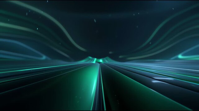 Futuristic digital abstract art with glowing green and blue fluid shapes and smooth reflective surfaces