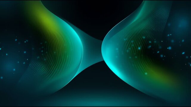 Abstract futuristic hourglass glowing with blue and green light particles on dark background