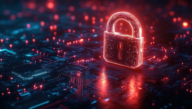 glowing red digital padlock hovering above a dark circuit board with blue and red lights, evoking cybersecurity protection and vigilant digital defense