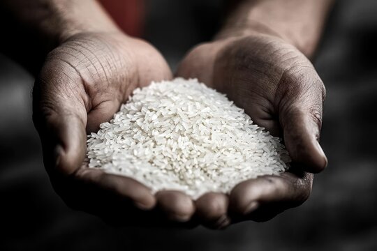 two cupped rough hands holding a heap of uncooked white rice, offering sustenance and hope
