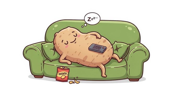 Potato couch potato napping with remote control.