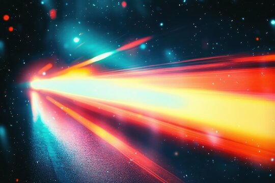 Blazing multicolored light burst with bright core and long red, orange and teal streaks across a star-speckled cosmic background, evoking speed and exhilaration