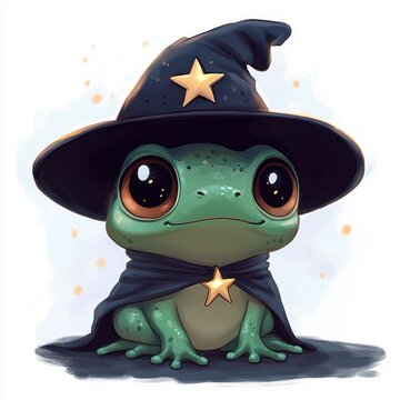 adorable green frog with huge shiny eyes wearing a dark wizard hat topped with a golden star and a matching star-clasped cape, sitting with a curious, hopeful expression