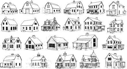 Collection of hand-drawn architectural sketches of various houses, farmhouses, and barns in black and white, suitable for vintage design and illustration projects. © victoria