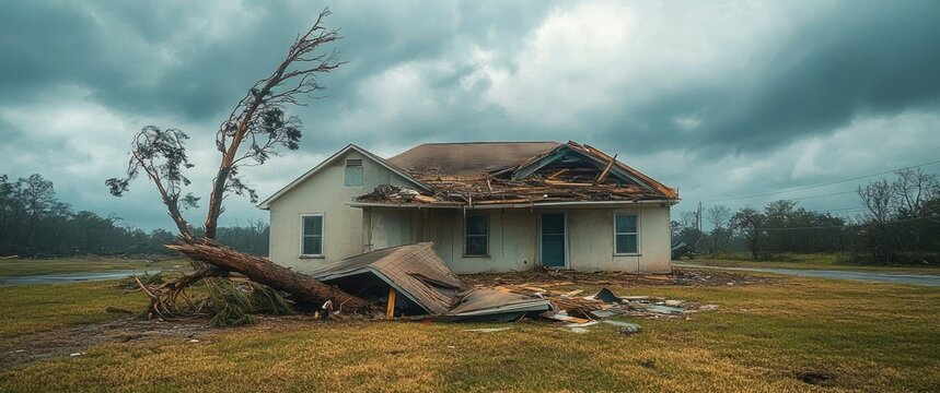 Storm-battered rural house with collapsed roof and uprooted tree, debris scattered across wet lawn under ominous gray skies