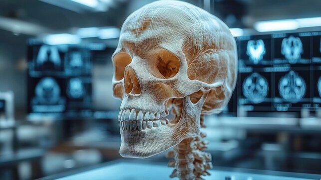 detailed 3d human skull and cervical vertebrae with wireframe overlay displayed in a clinical lab under cool blue light with brain scan monitors in background, evoking focused curiosity