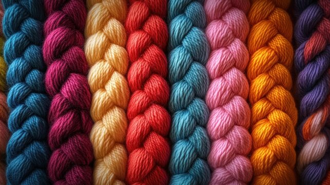 Cozy cheerful rows of braided colorful wool yarn skeins with soft textured fibers