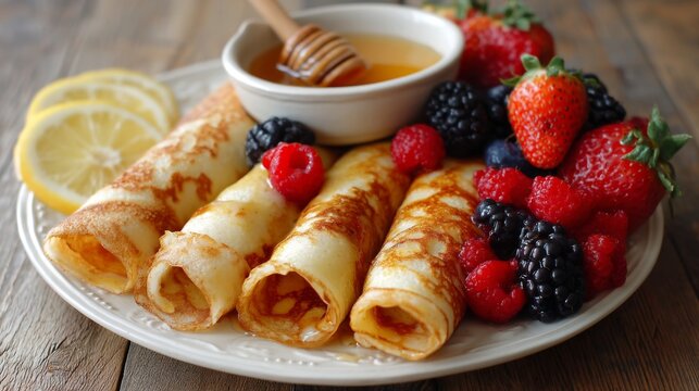 Delicious rolled pancakes filled with fruit, served with honey and fresh berries on a rustic wooden table setting, perfect for breakfast or dessert