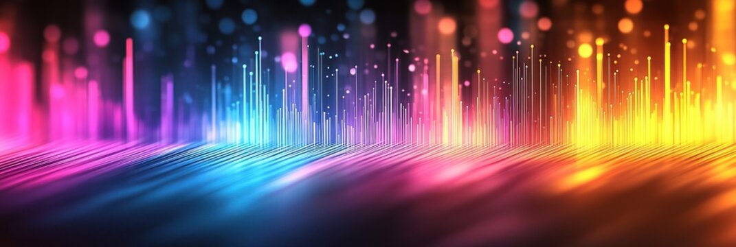 vibrant neon landscape of vertical glowing light bars, scattered particles and bokeh over a reflective blurred surface in blue, pink and yellow tones, evoking energetic futuristic motion