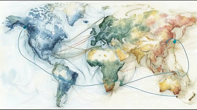 Abstract watercolor world map with global connections and travel routes in vibrant artistic style