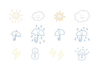 Obraz premium 表情がある天気のカラフルな手描きイラストセット（線画）