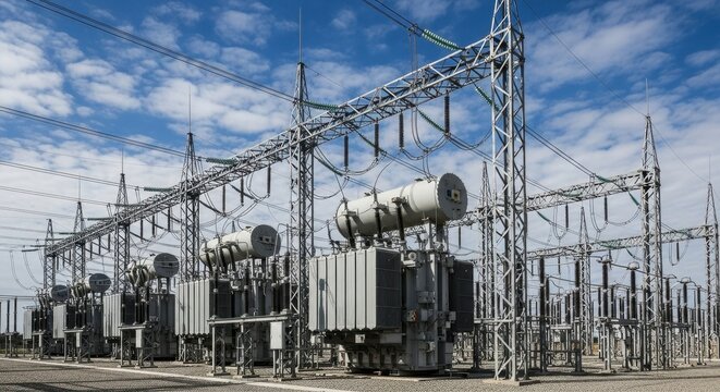 Power Substation Transformers and Electrical Grid Infrastructure Under a Cloudy Sky.