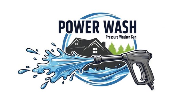 Power Wash Logo Design with Pressure Washer and House.
