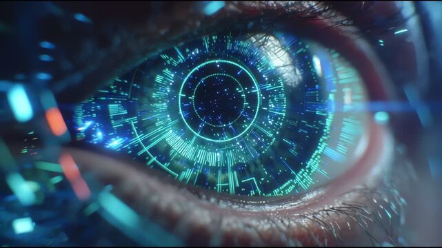 Close up of human eye with futuristic digital interface and glowing technology elements in cyber concept