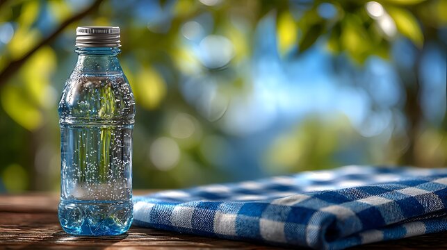 A clear plastic bottle of sparkling water sits on a picnic blanket, with a natural, blurred background of green leaves and blue sky outside.