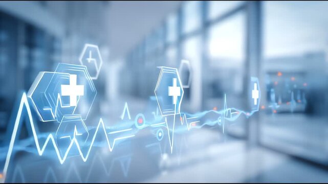 Futuristic medical technology concept with heartbeat and healthcare icons in digital interface