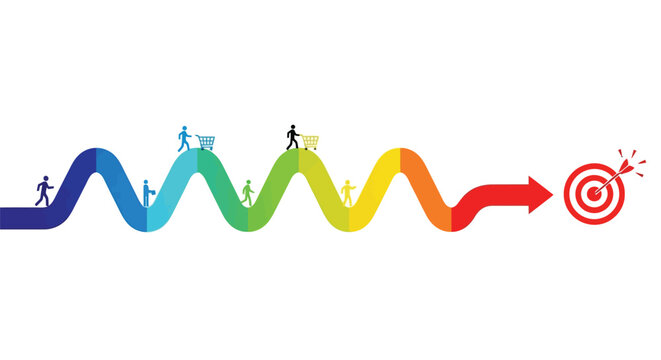 Colorful path representing progress with people and a target destination