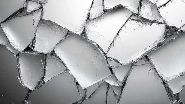close-up of shattered glass shards with jagged edges and reflective faces forming a fragmented monochrome pattern conveying cold tension and fragile rupture