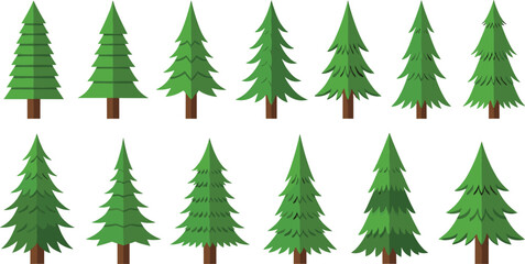 Obraz premium Pine Tree Vector Set with Various Evergreen Forest Trees for Nature Design, Winter Landscapes, Christmas Themes, Outdoor Illustrations, and Environmental Graphics