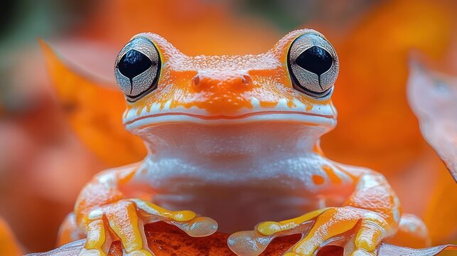 close-up portrait of a vibrant orange frog with large reflective eyes perched on orange leaves, looking curious and calm