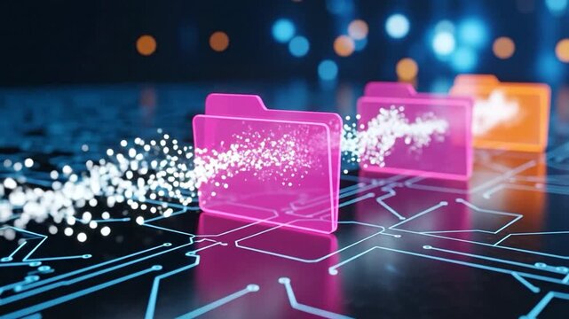 Encrypted Cloud Data Migration Process with Glowing Digital Folders on Circuit Board Background