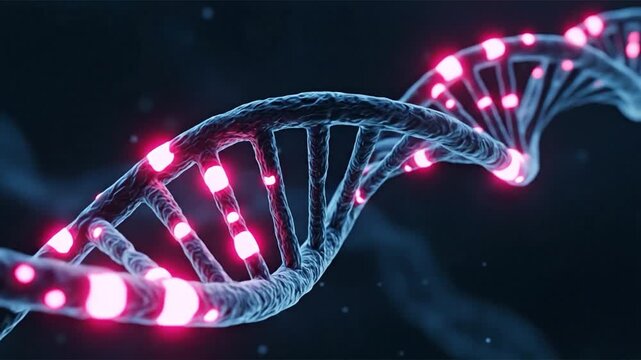 DNA double helix with glowing pink segments representing CRISPR gene editing and targeted therapy